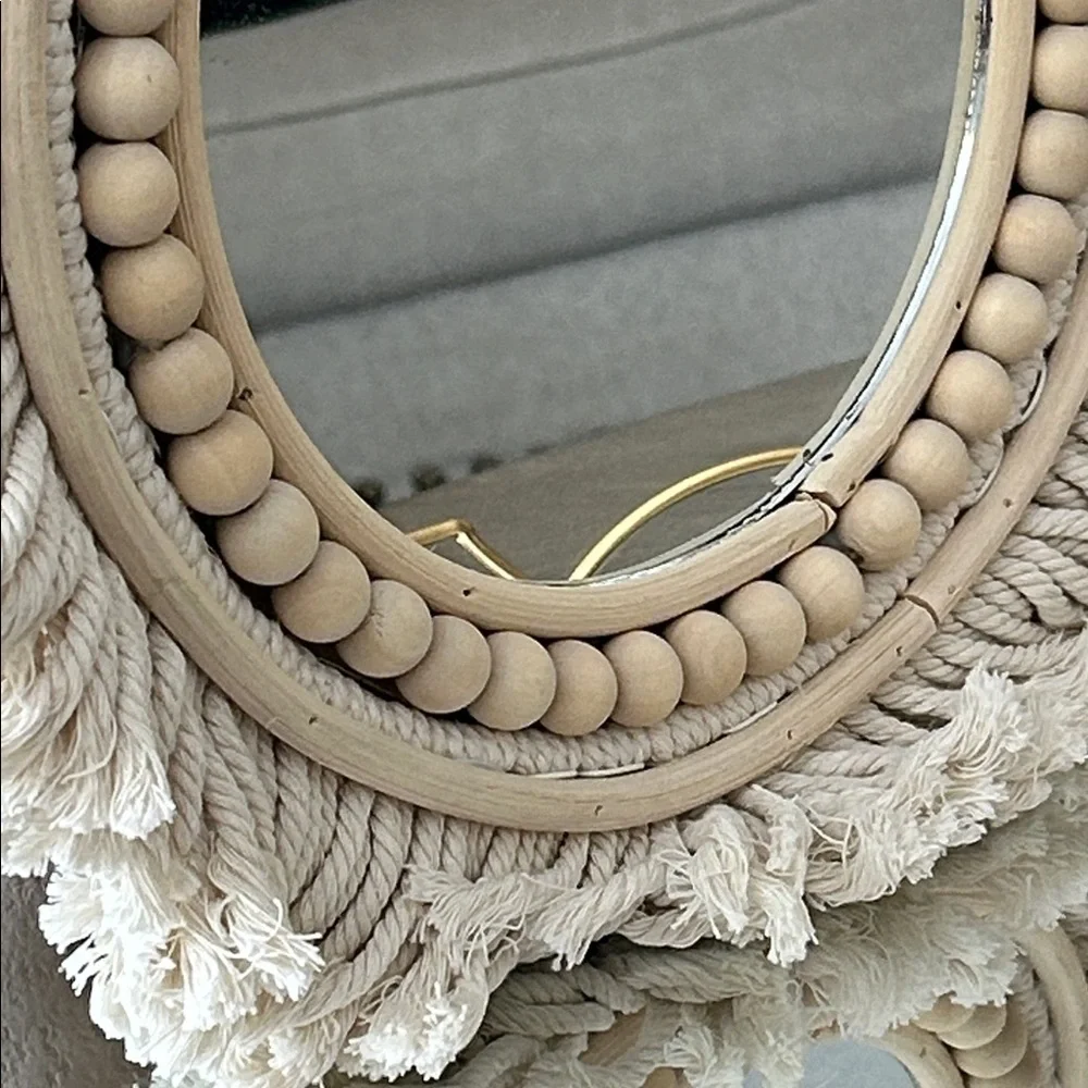 NEW! Vintage Inspired Cream Bohemian Macrame & Wood Beaded Fringe Wall Mirror